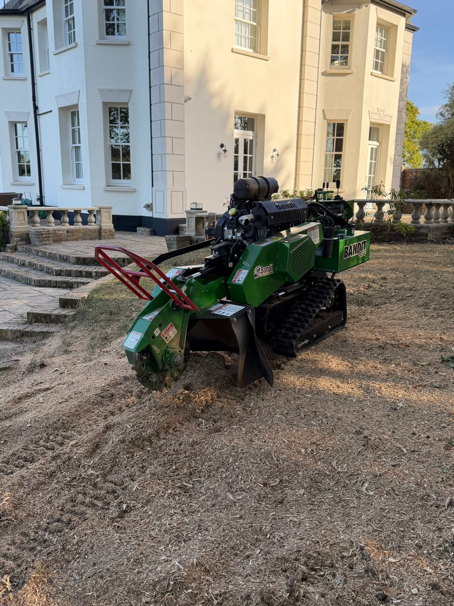 The Bandit SG-40 on a wide area of fresh grindings where the large oak stump was removed, beside the terrace steps of the house