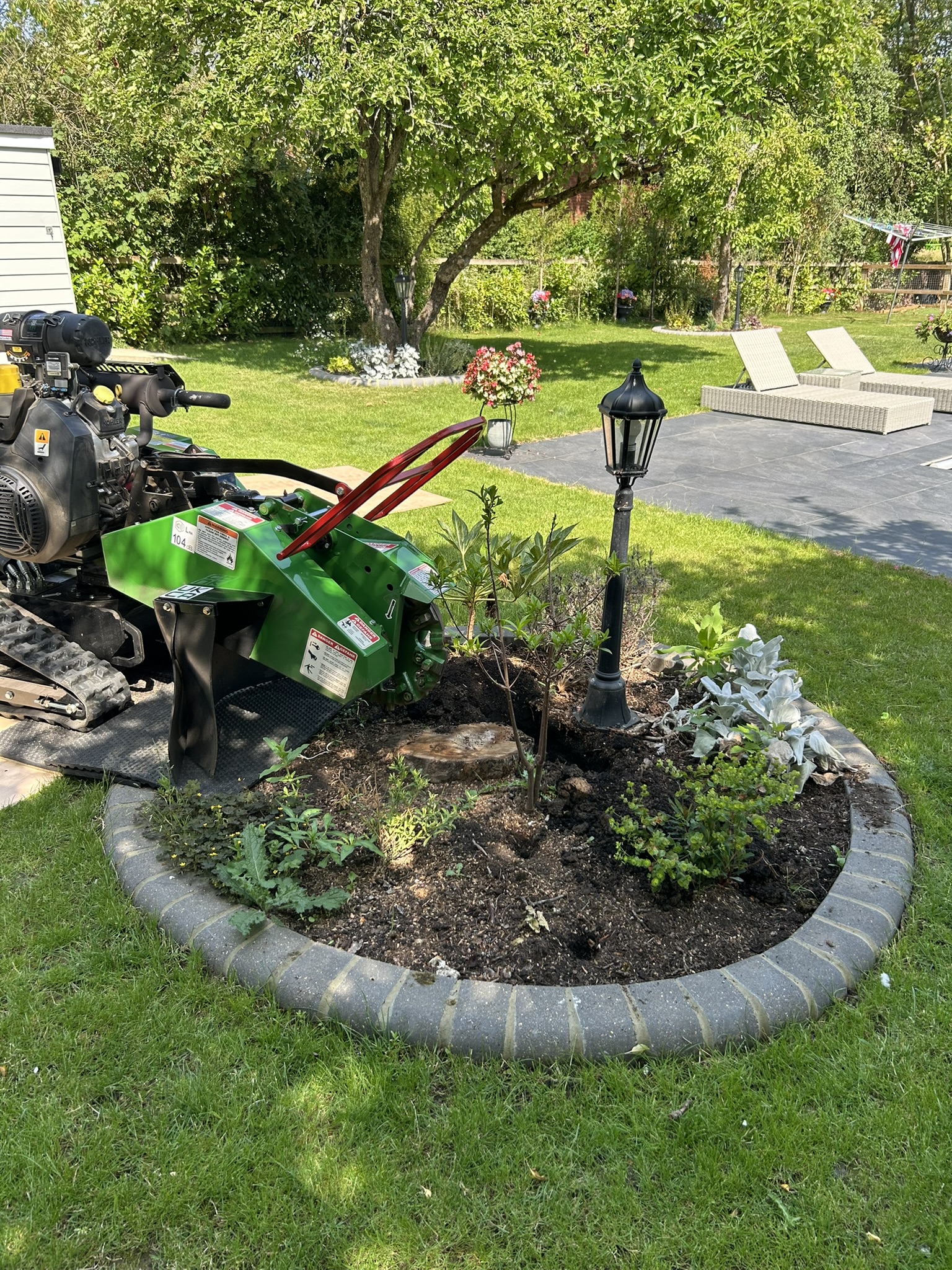 A tracked stump grinder working on a stump within a circular planted bed on a domestic lawn, with protective matting laid over the grass