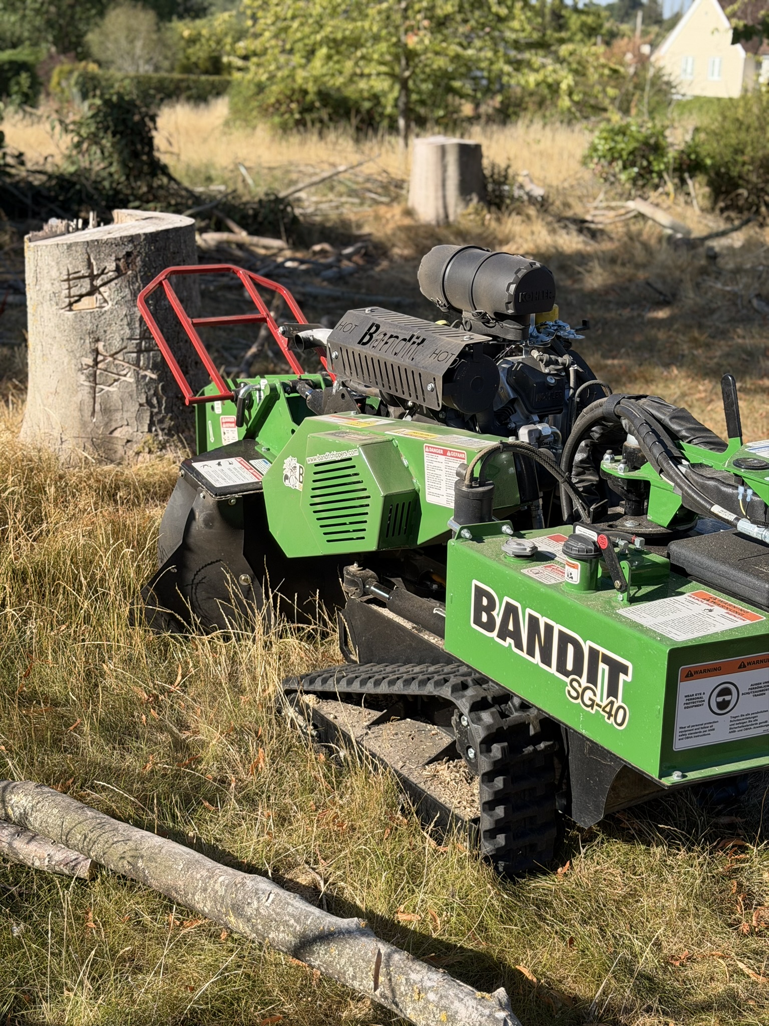 A tall cut stump with felling marks beside the Bandit SG-40, with a second stump and cleared brash behind on the Chelmsford site